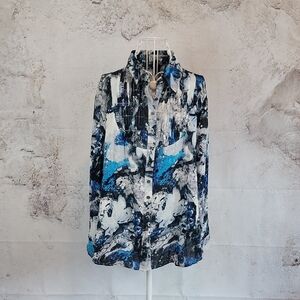 Ethyl Abstract Blue and Black Button-Up Shirt Womens Size L NWT